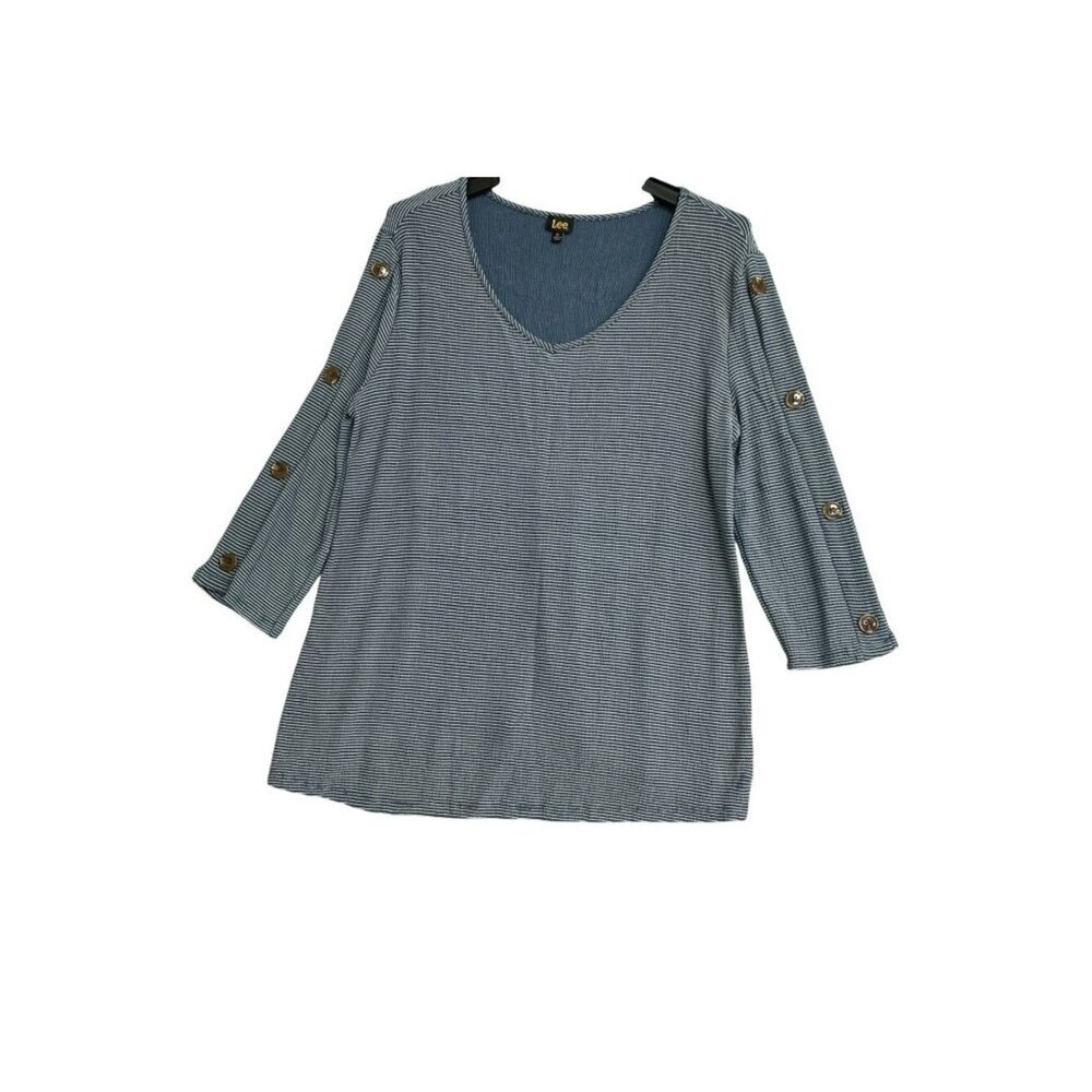 Lee Women's XL Blue Striped 3/4 Sleeve Button Detail Knit Top B1068